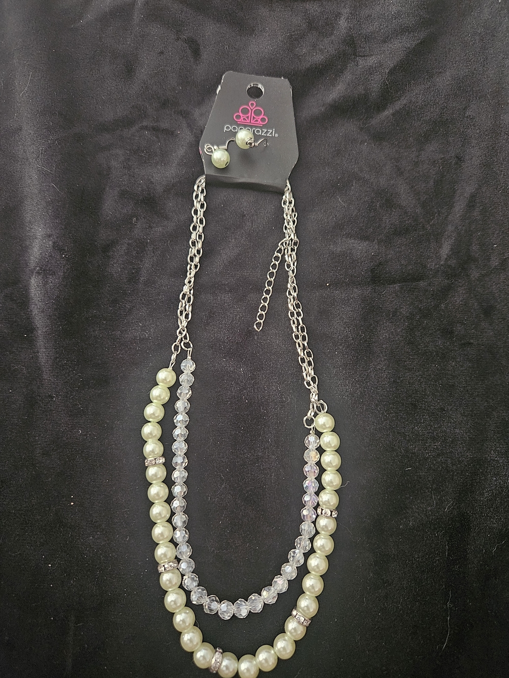 paparazzi Light Green Pearl & Clear Crystal Layered Necklace Set